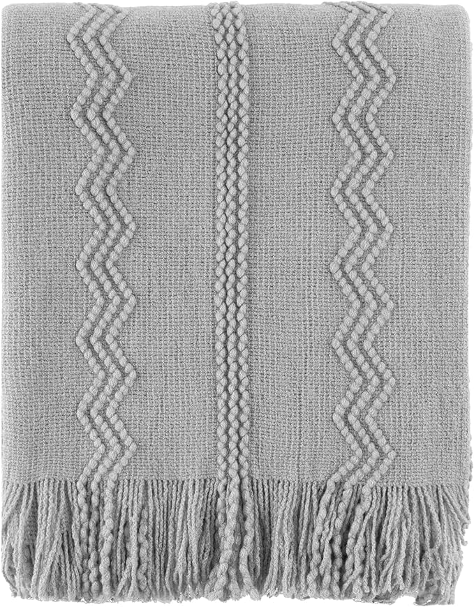 BATTILO HOME Light Grey Throw Blanket for Couch, Geometric Grey Bed Throws Decorative Boho Blanket for Sofa Living Room, 50"x