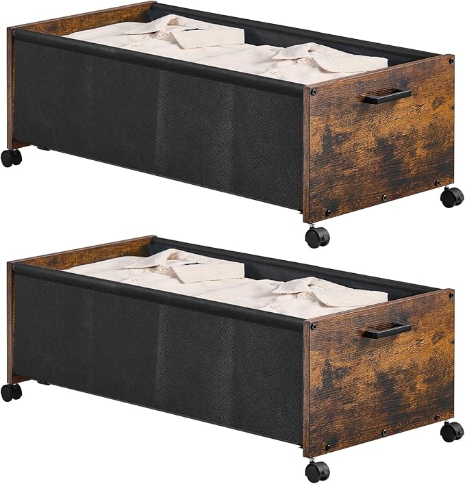Under Bed Storage with Wheels, Wooden Under Bed Drawers On Wheels, Rolling Under Bed Shoe Storage, Space Saving, Rustic Brown