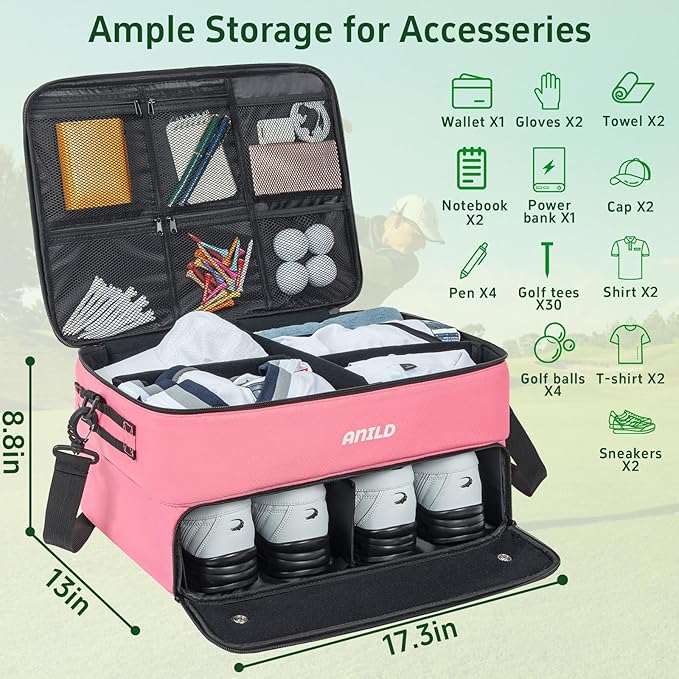 ANILD Golf Trunk Organizer, 2 Layer Golf Storage Case with Separate Ventilated Compartment for 2 Pair Shoes, for Balls, Tees,