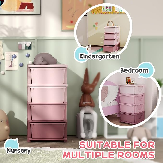 Qaba 4 Tier Kids Storage Unit, Toy Organizers and Storage with 4 Drawer Chest for Kids Bedroom Nursery Kindergarten Living Ro