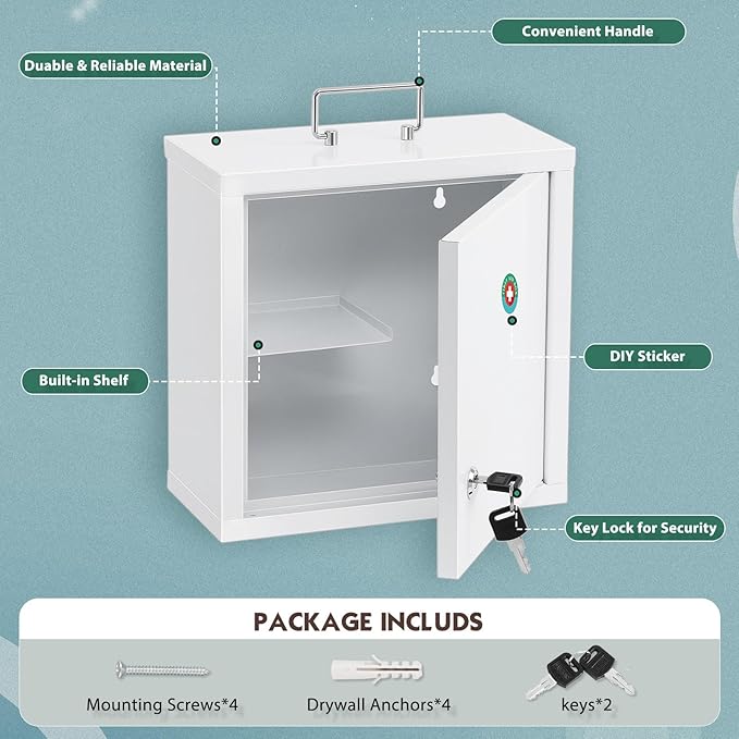 KYODOLED Locking Medicine Cabinet, Medication Lock Box with Key, Wall Mount Medical Cabinet for Safe Medication Storage, 10 *