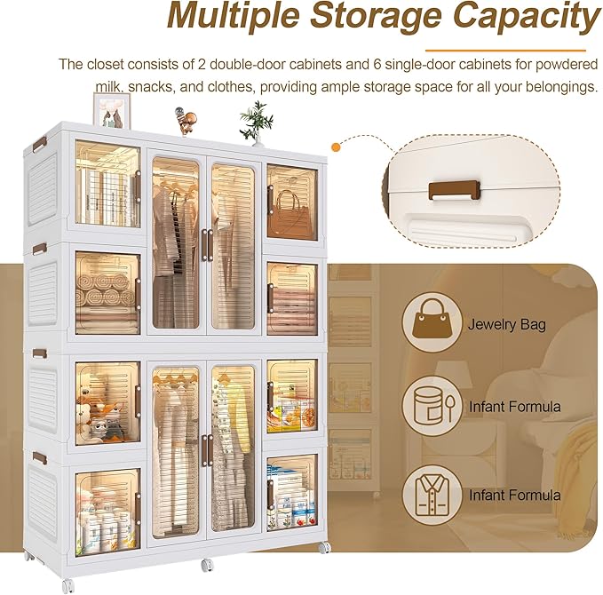 Portable Wardrobe Closet Storage Organizer for Clothes, Clothes Dresser, 12 Magnetic Doors-12 Cubes & 2 Hanging Rod,16 pcs Ha