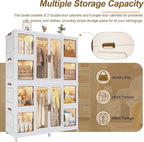 Portable Closet Wardrobe, Foldable Clothes Organizer with 10 Cubby Storage, 2 Hanging Rods, Easy Assemble Clothing Storage wi