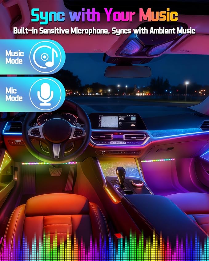 Interior LED Lights for Car, Flexible LED Strip with App and Remote Control, USB-A/C RGB Lights with DIY Mode and Music Mode, 72 LEDs