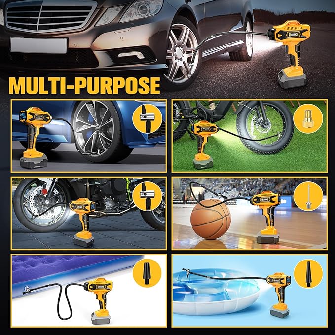 160PSI Cordless Tire Inflator Compatiblew with Dewalt 20V Battery, Portable Air Compressor for Auto, Motorcycles, Bikes, Car Air Pump with Auto Shut-Off, LCD Display, LED Light, 4 Nozzles