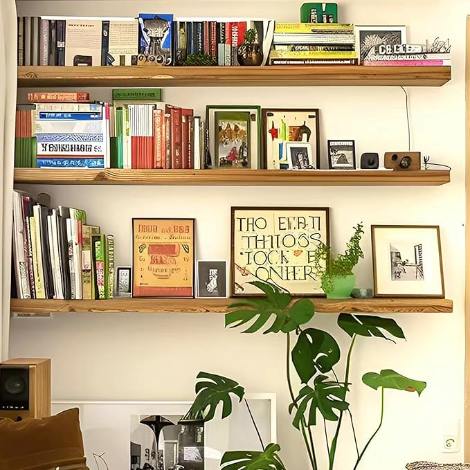 ROGMARS 36 Inches Long Walnut Floating Shelves,Rustic Solid Wood Farmhouse Wall Shelves with Invisible Brackets for Bathroom,
