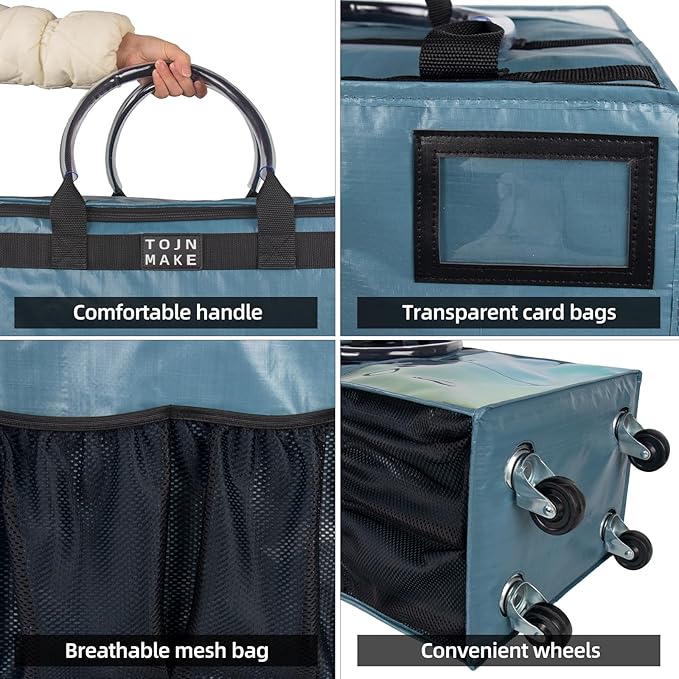 Reusable Grocery Bag On Wheels, Shopping Trolley, Rolling Tote with 8 Pockets and Zipper Cover, Foldable, Heavy Duty Handles, Carries Up to 46 LBS (Medium, Blue)