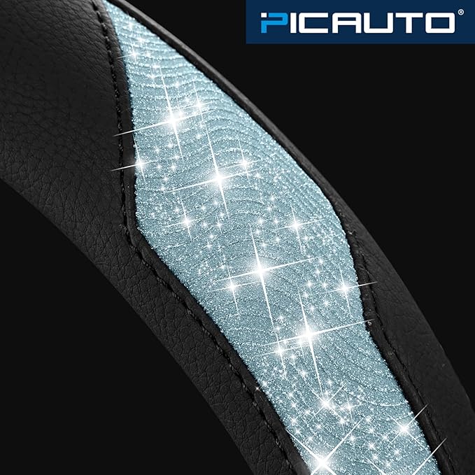 PIC AUTO Steering Wheel Cover, Light Blue Sparkly Crystal Bling Glitter with Leather, Universal Fit 14.5"-15.5" Steering Whee