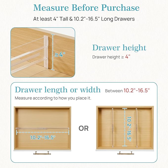 Vtopmart 12 Pack Drawer Dividers for Clothes, 4" High 10.2"-16.5" Adjustable Expandable Dresser Drawer Organizer, Clear Plast