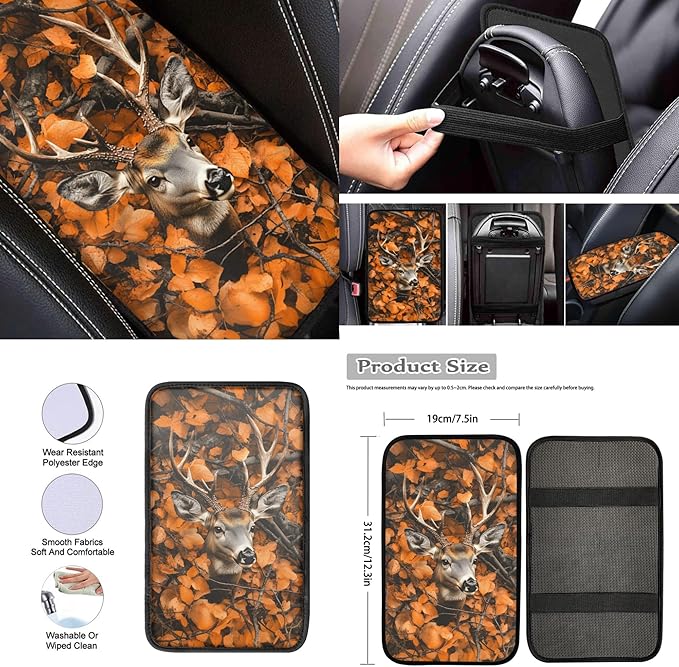 Deer 13 Pcs Auto Seat Cover Sets Steering Wheel Cover Seatbelt Pad Camo Hunting Forest Armrest Cover Pad Cup Holders Keychain Chapstick Holder for SUV Van Sedan Truck
