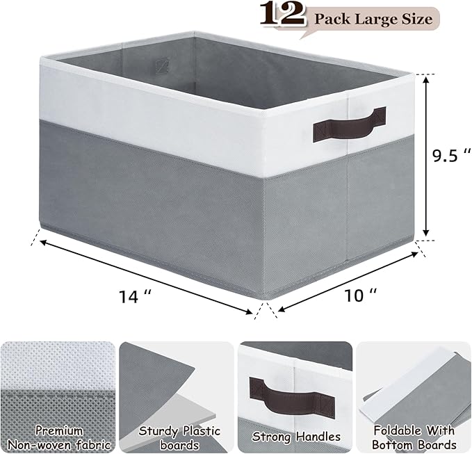 Criusia 12 Pack Large Storage Baskets for Shelves | Fabric Closet Organizers and Storage Bins with Handles for Home Organizat