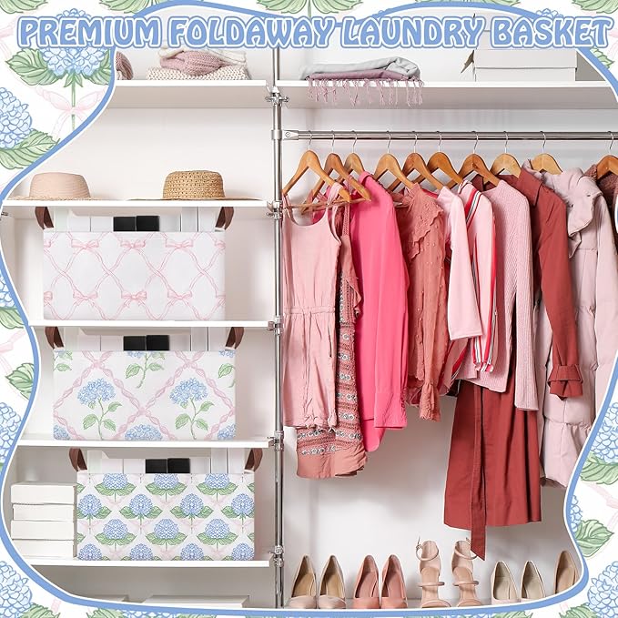 Boao 3 Pcs Watercolor Floral Storage Bin Wildflowers Collapsible Large Storage Baskets for Gifts Canvas Laundry Basket Foldab