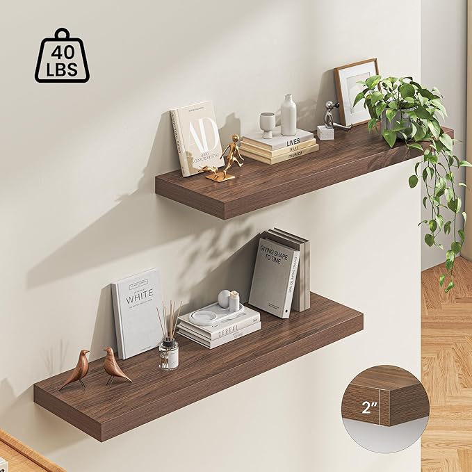 Dreamland 48" Floating Shelves for Wall, 12" Deep Thicker Walnut Floating Shelves, Wall-Mounted Shelves for Bedroom, Living R