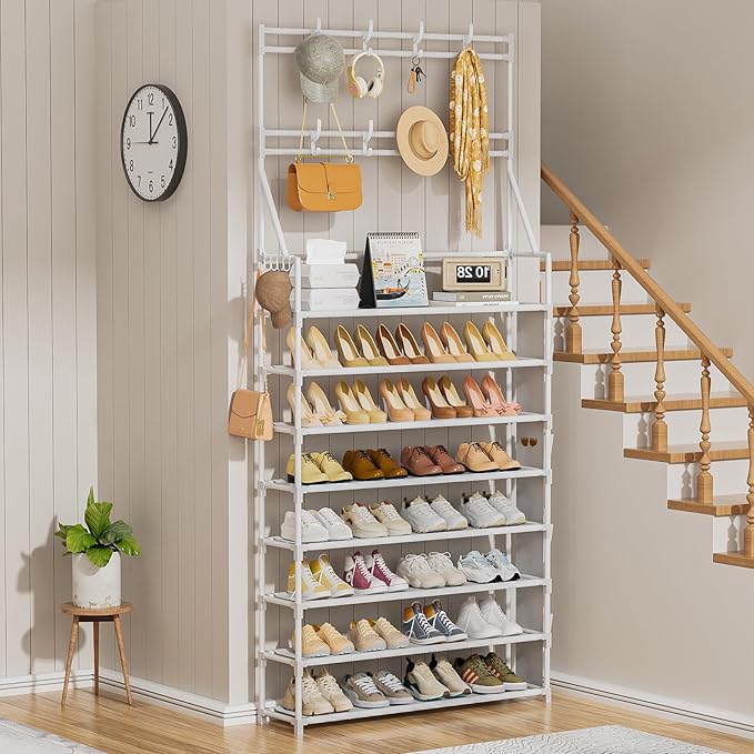 OYREL Shoe Rack 8 Tier Large Shoe Organizer Storage 32-40 Pairs Metal Shoe Storage Rack with Hooks and Side Pocket for Entran