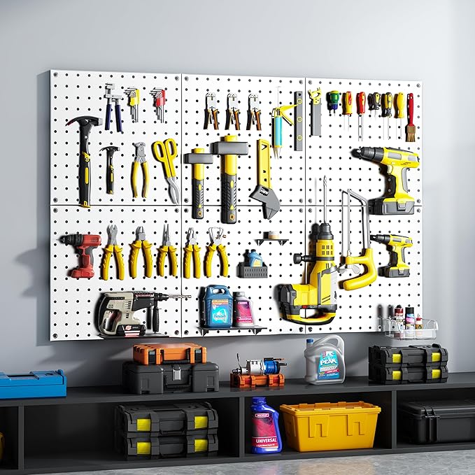 Peg Board, 70PCS Heavy Duty Metal Pegboard with Hooks, 6 Pack White Peg Board Panels, 50lbs Load Capacity Each, Pegboard Wall