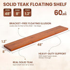 48 Inch Solid Wood Floating Shelf - 100% Solid Teak Wood Wall Shelf with Invisible Brackets - Waterproof Natural Wood Shelves