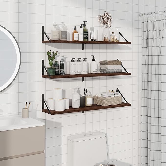 Shelves for Wall, Floating Bookshelves with Brackets, 36 inch Floating Shelves Set of 3, Wall Shelf for Kitchen, Bathroom, Be