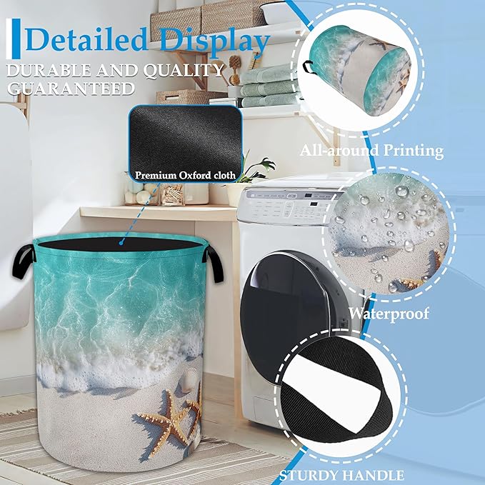 Sea Beach Starfish Laundry Basket Collapsible Laundry Hamper, Oxford Cloth Storage Bin for Room/Bathroom/Bedroom/Dormitories 
