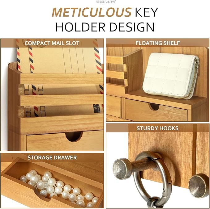 Rebee Vision Modern Farmhouse Key Holder Wall Mount with 2 Drawer Organizer - Mail Holder for Wall with 6 Key Hooks - Ideal f