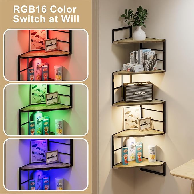 Corner Floating Shelves with Lights - 5 Tiers Corner Shelf Wall Mounted, Bookshelf with LED Light, Floating Shelves for Wall,