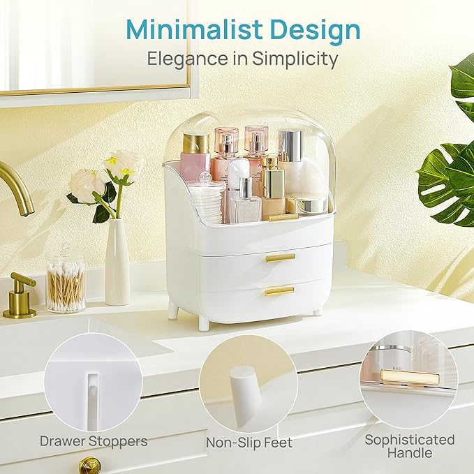 Vtopmart 3-Tier Skincare Makeup Organizer with Drawers and Lid for Vanity and Bathroom Countertop, Large Cosmetic Storage Box