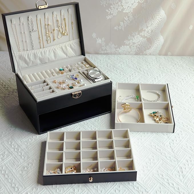 Jewelry Organizer Box for Women, Large Jewelry Organizer with Lock, 3 Tier Storage Box with Velvet Lining, 2 Drawers, Necklac