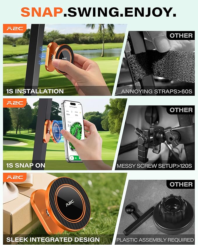 A2C Alloy Magnetic Golf Cart Phone Holder for MagSafe iPhone, Unique Golf Gifts for Men Women Golfers, Golf Gift for Him Her Husband, Golf Accessories Essentials Gadgets Fits EZGO, Club Car (Orange)