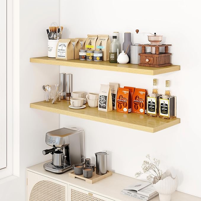 Dreamland 48" Floating Shelves for Wall, 12" Deep Slim Oak Floating Shelves, Wall-Mounted Shelves for Bedroom, Living Room, K