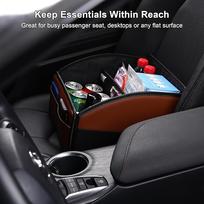 [2025 UPDATED] Leather Car Seat Organizer, Foldable Storage Box for Front Seat, Back Seats & Floor - Removable Divider,