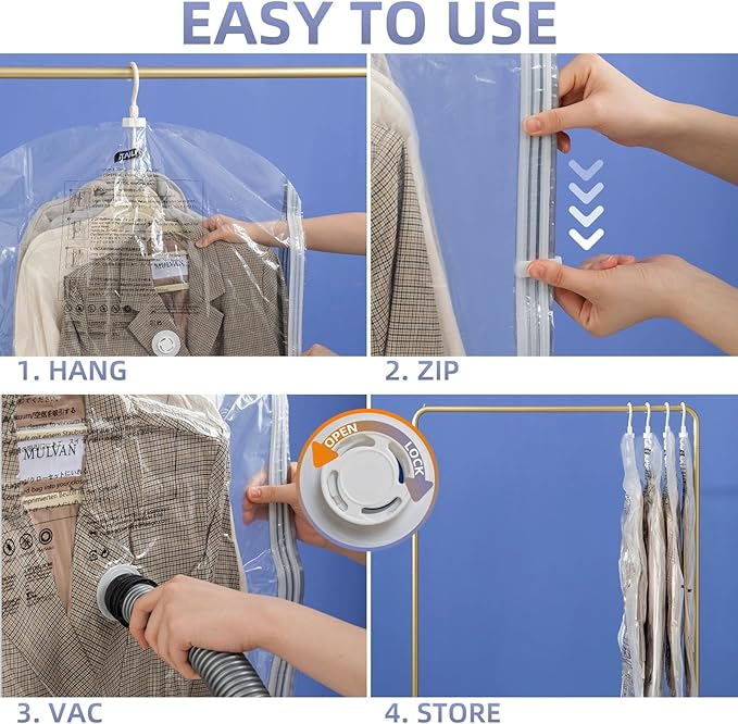 Hanging Vacuum Storage Bags, 4 Pack (41.3 x27.6 inch), Vacuum Seal bags for Clothing, Space Saver Garment for Short Clothes, 
