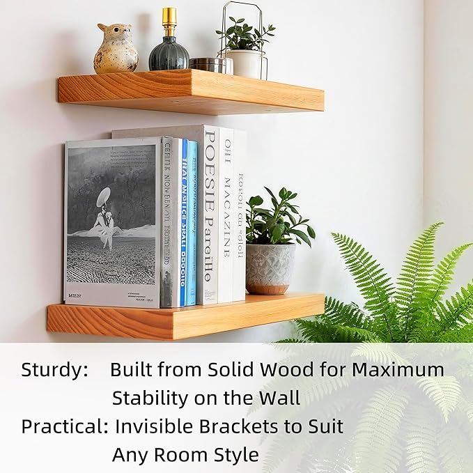Floating Shelves for Wall 16 Inch Solid Real Wood Shelves Set of 2 Rustic Farmhouse Wall Mounted Wood Shelf for Bedroom Livin