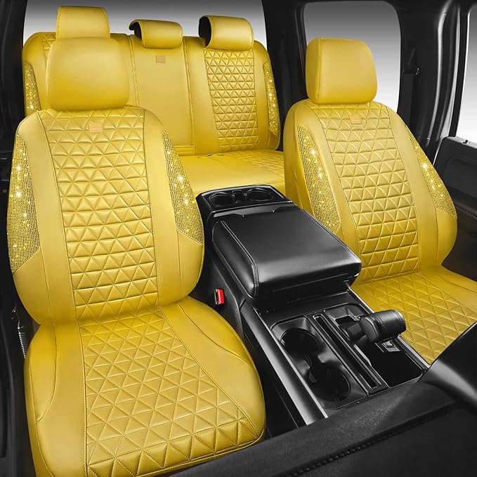 CAR PASS Yellow Bling Diamond Leather Car Seat Cover Full Sets,Waterproof Shining Glitter Sparkly Crystal Universal Fit for A