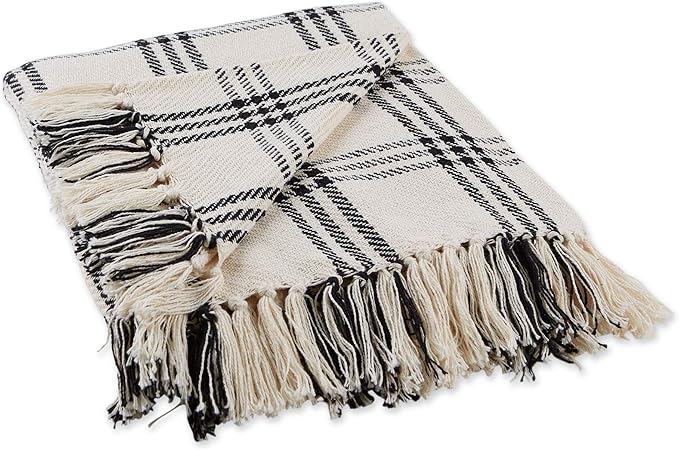 DII Modern Farmhouse Plaid Collection Cotton Fringe Throw Blanket, 50x60, White/Black