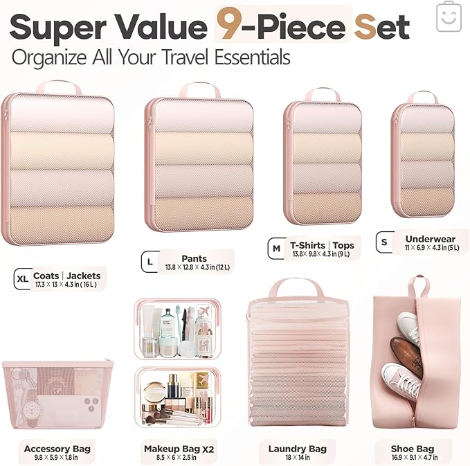 Veken 9/11 Set Compression Packing Cubes for Travel Essentials,Compressible Expandable Large Luggage Suitcase Organizer Bags 