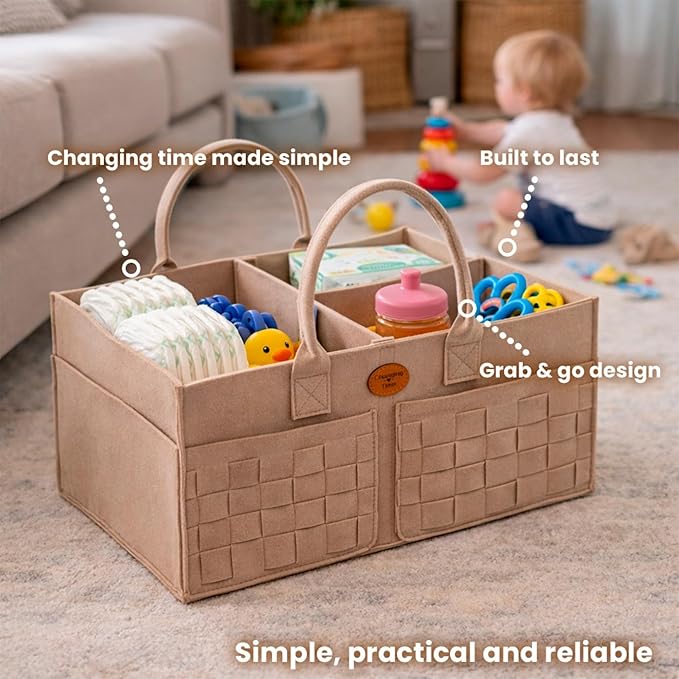 Baby Diaper Caddy Organizer for Nursery – Large Felt Storage Basket for Baby Essentials, Wipes & Diapers – Portable Nursery O