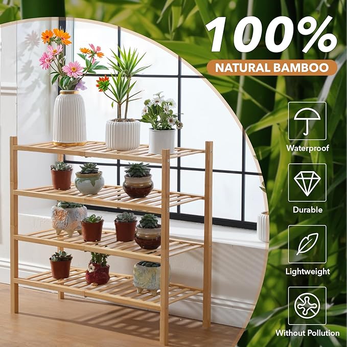 4 Tier Bamboo Shoe Rack Storage Organizer for Closet, Multifunctional Stackable Free Standing Shoe Shelf Organizer for Small 