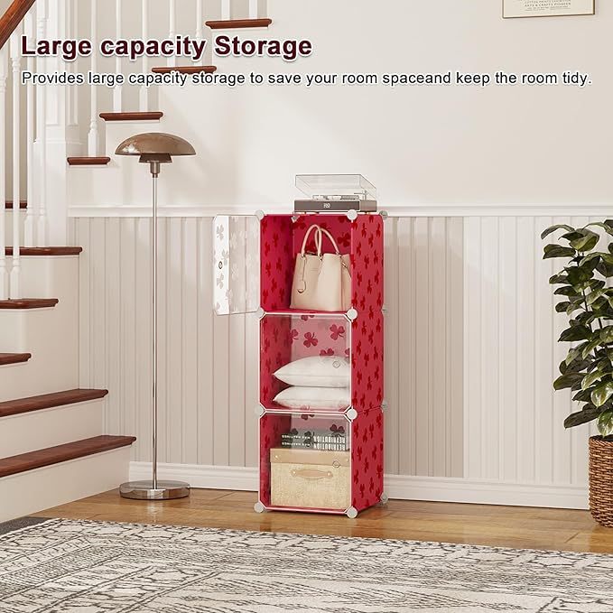 C&AHOME Cube Storage Organizer with Doors, 3-Cube Shelves, DIY Plastic Modular Bookshelf, Closet Clothes Storage Shelving Ide
