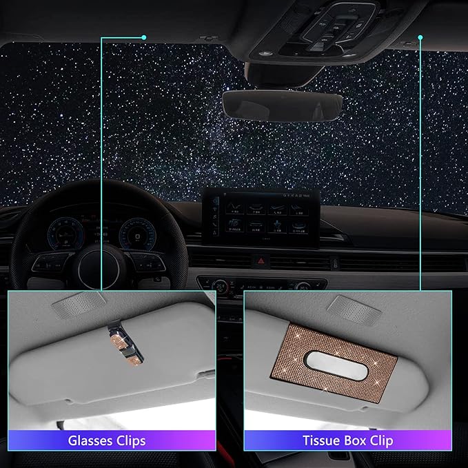 25PCS Bling Car Car Accessories Set,15 Inch Steering Wheel Cover,Shiny License Plate Frame,Center Console Cover and Rearview Mirror Set and Other Car Accessories(Champ)