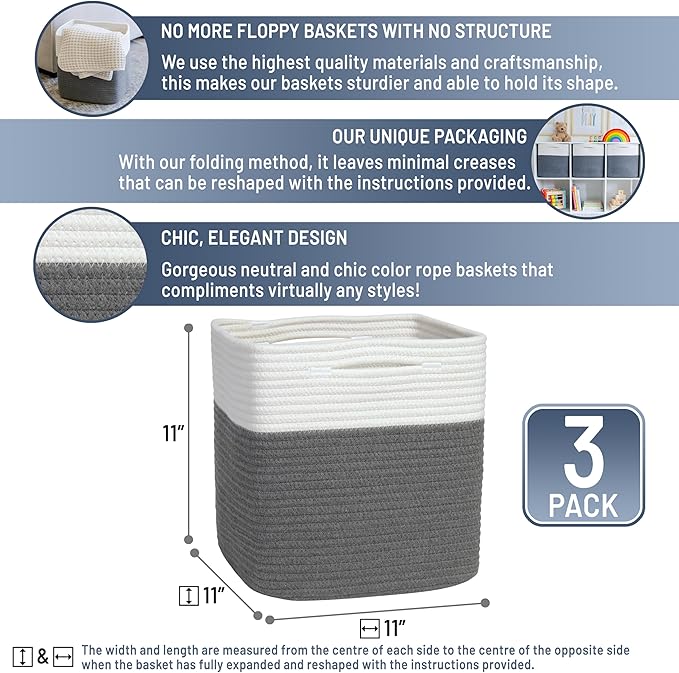 NaturalCozy Storage Cubes 11 Inch Cotton Rope Woven Baskets for Organizing, 3-Pack | Cube Storage Bin | Square Storage Basket