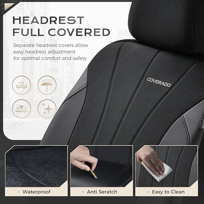 Coverado Car Seat Covers Full Set, Automotive Seat Covers 5-piece, Leather Car Protectors 5 Seats, Black Auto Seat Covers Spi