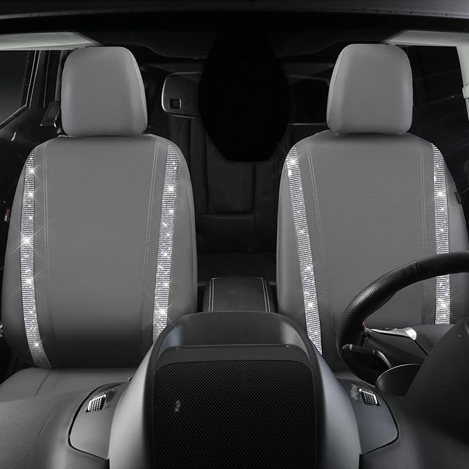 CAR PASS Gray Leather Bling Diamond Car Seat Covers 2 Front Interior Sets, Waterproof Universal Shining Glitter Crystal Sparkle Fit for 95% Automotive Truck SUV Cute Women Girl, Gray Rhinestone