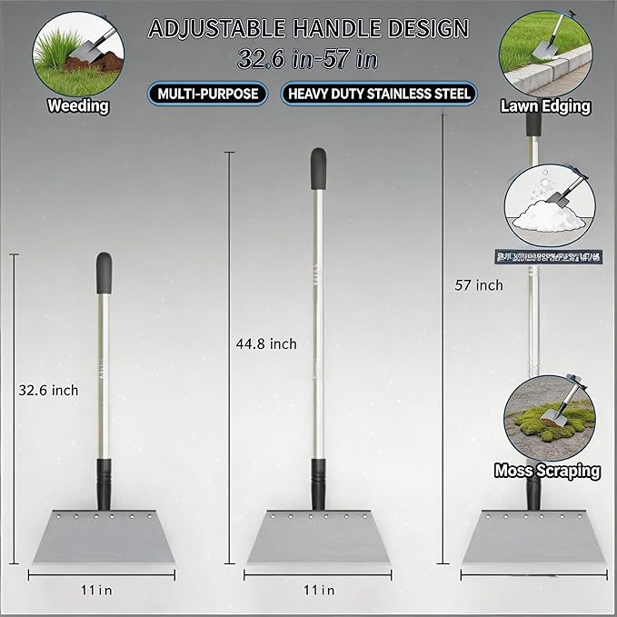 Multifunctional Garden Flat Shovel，57" Heavy Duty Stainless Steel Cleaning Tool with Adjustable Handle for Weeding, Lawn Edging, Snow/Ice Removal & Digging, Durable Outdoor Spade & Scraper