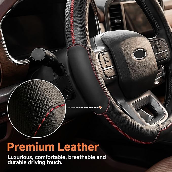 West Llama Car Steering Wheel Cover for Ford F-150(1997-2026), F-250(1997-2026), F-350, 15.5-16 inches, Black + Red Line