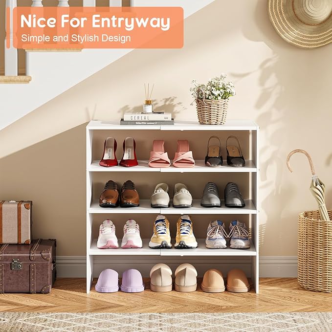 2 Pack Expandable White Shoe Rack Organizer for Closet, 2-Tier Stackable Shoe Storage Shelf, Small Iron Wood Combination Shoe
