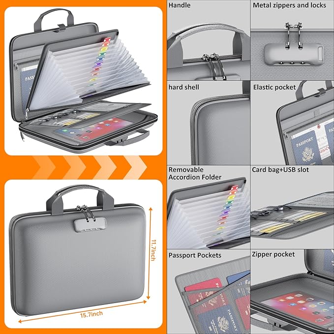Fireproof File Organizer with Lock, Hard Case Fireproof Document Box with 13 Pockets Accordion File Folder, Important Documen