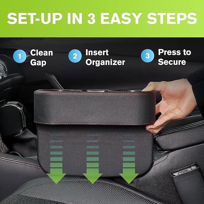 IOKONE Car Cup Holder, Auto Cup Drink Holders，Multifunctional Auto Front Seat Organizer with PU Leather Cover, Gap Filler Storage Box Coin Bucket Console Side Pocket Cell Mobile Phone Holder (Black)