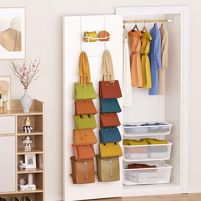 SWTYMIKI Over The Door Purse Organizer - Wall Mounted Purse Rack with 16 Hooks and Metal Basket, Handbag Hanger Organizer Hol