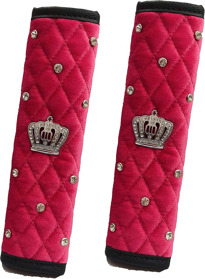 2 Pcs Plush Car Seat Belt Cover Shoulder Pad with Rhinestone Crown - Pink