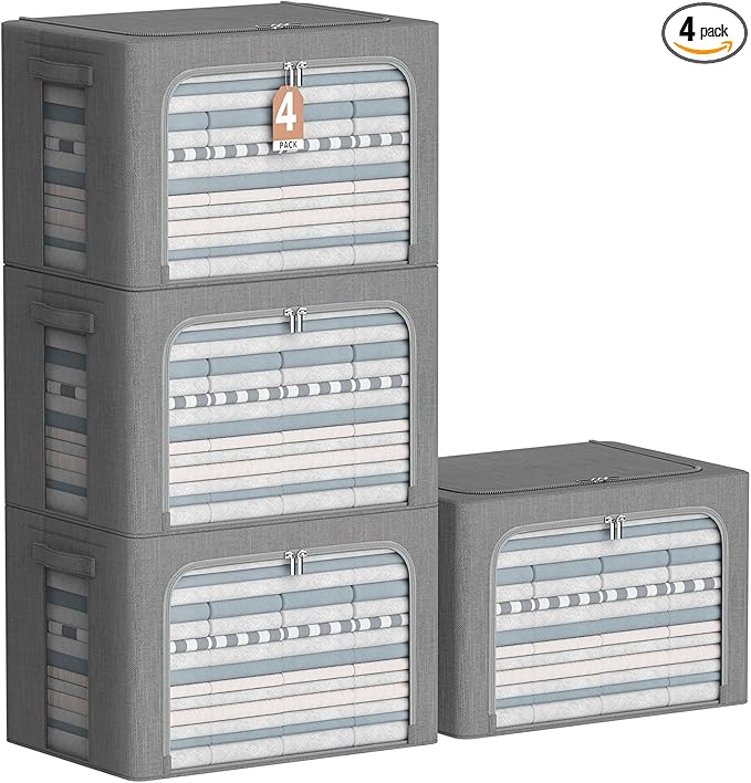 CYhom 4 Pack Clothes Storage Bins with Metal Frame - Linen Fabric Foldable Stackable Container Organizer Set with Clear Windo