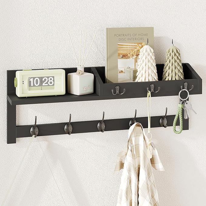 AMBIRD Wall Hooks with Shelf, 26.57 Inch Entryway Wood Coat Hooks for Wall, Coat Rack Wall Mount Rack with 5 Dual Hooks 3 Key